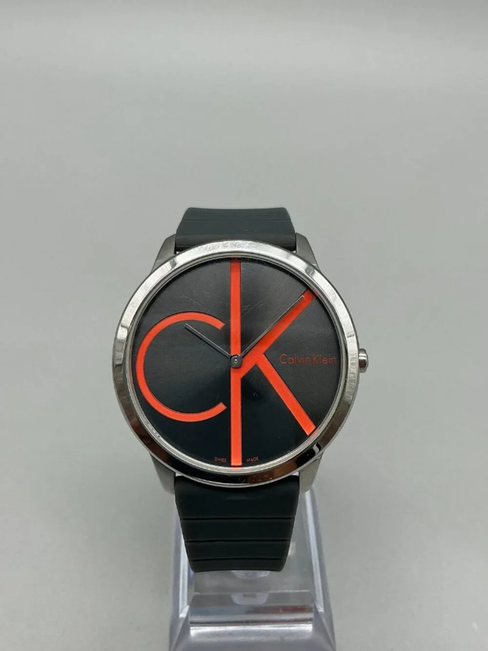 Calvin Klein Minimal Unisex 40mm Silver Tone Black Red Dial Stainless Steel Case